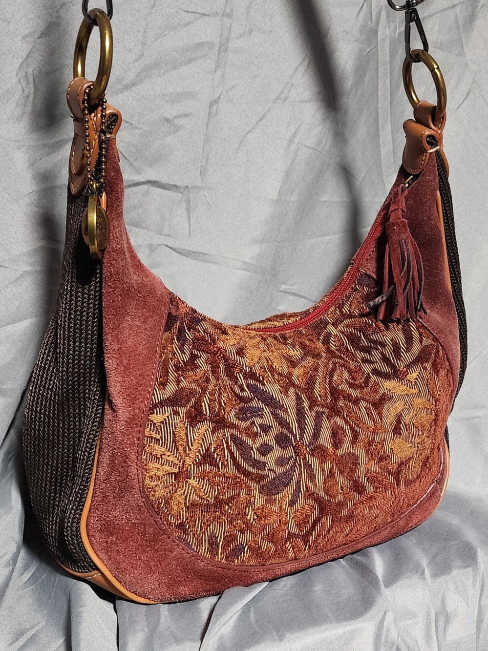 The Sak Embroidered Floral Tapestry & Suede Hobo Shoulderbag Crossbody Bag Purse